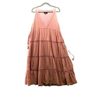 Lulus Sleeveless Maxi Dress XL Pink Tiered V-Neck Empire Cotton Eyelet Boho